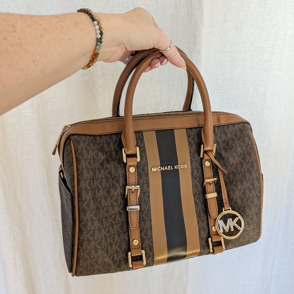 Michael Kors Brown and Tan Bedford Duffel Satchel Bag - Picture 6 of 16